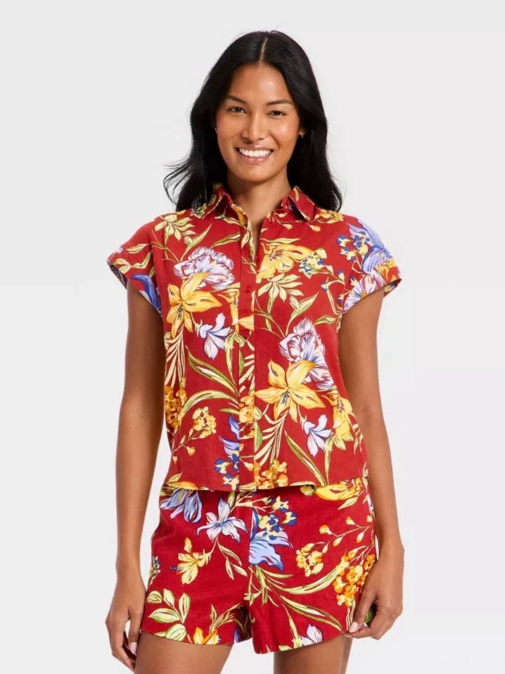 Floral Button-Front Linen Shirt in Red Floral Size Small *NEW